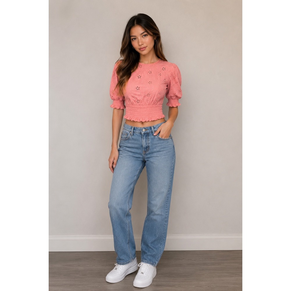 ZARA Pink Cottagecore Eyelet Puff Sleeve Blouse Size M